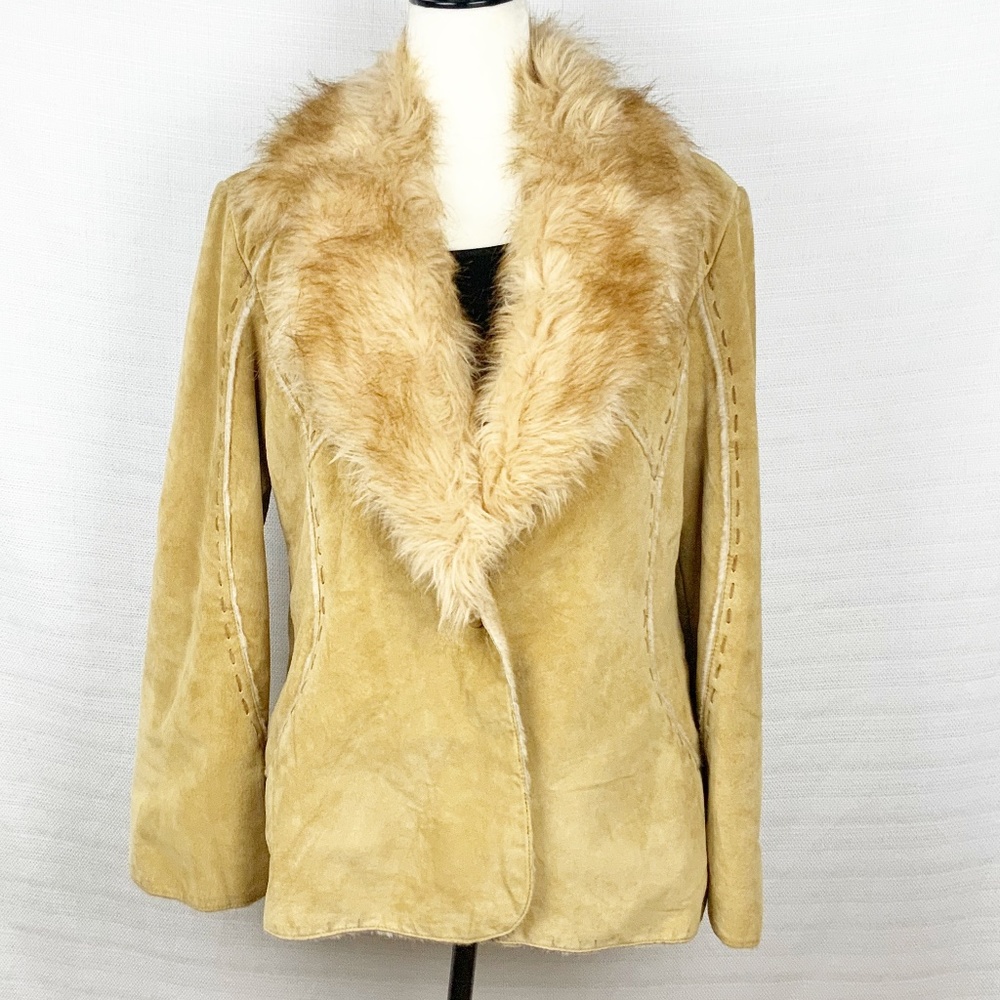 Guess Suede Leather Jacket with Faux Fur Trim in Tan